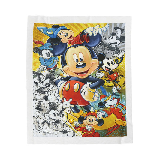 Mickey Mouse Velveteen Plush Blanket – Colorful Retro Character Collage Throw