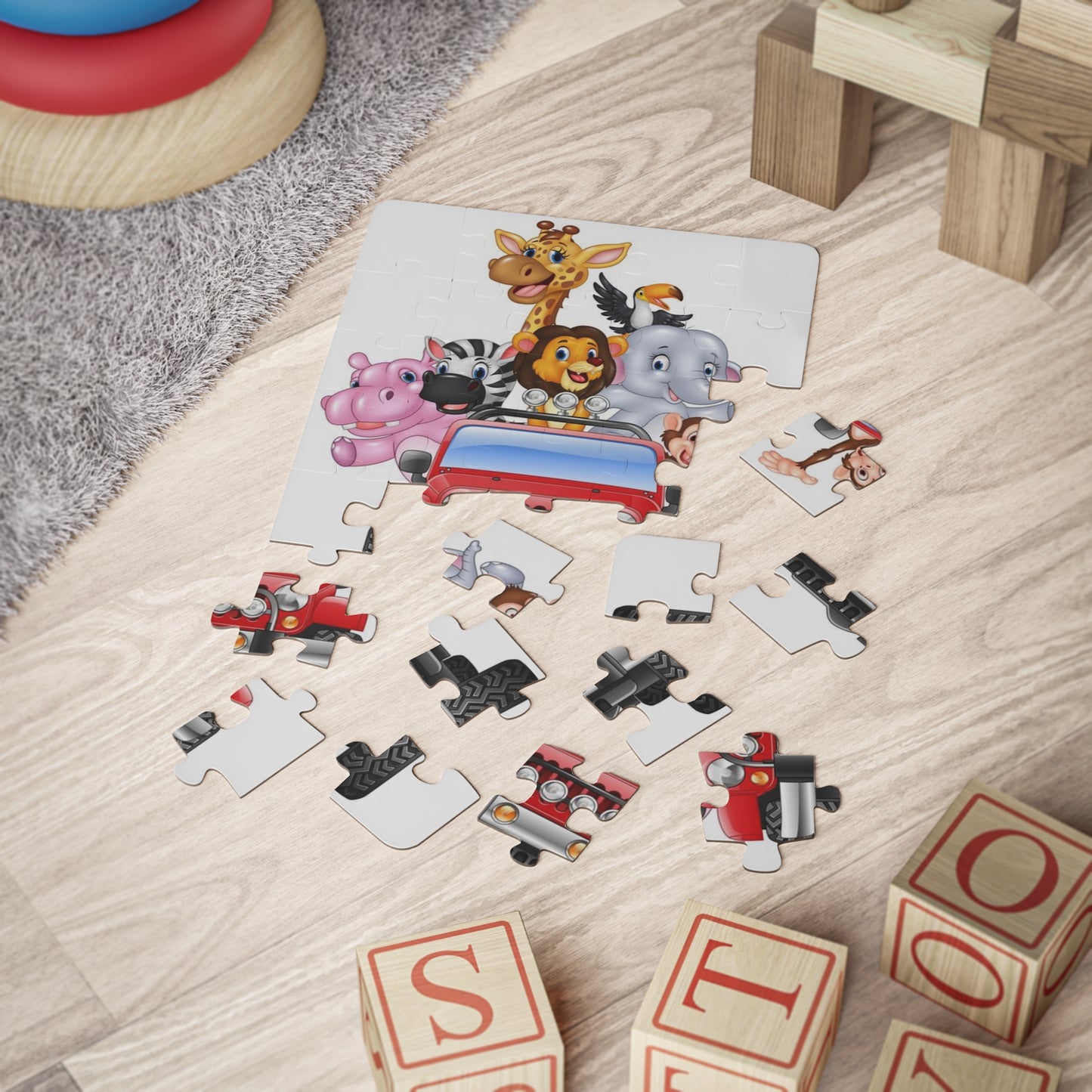 Kids' 30-Piece Puzzle — Cute Safari Animals in Red Jeep | Toddler Jigsaw Toy