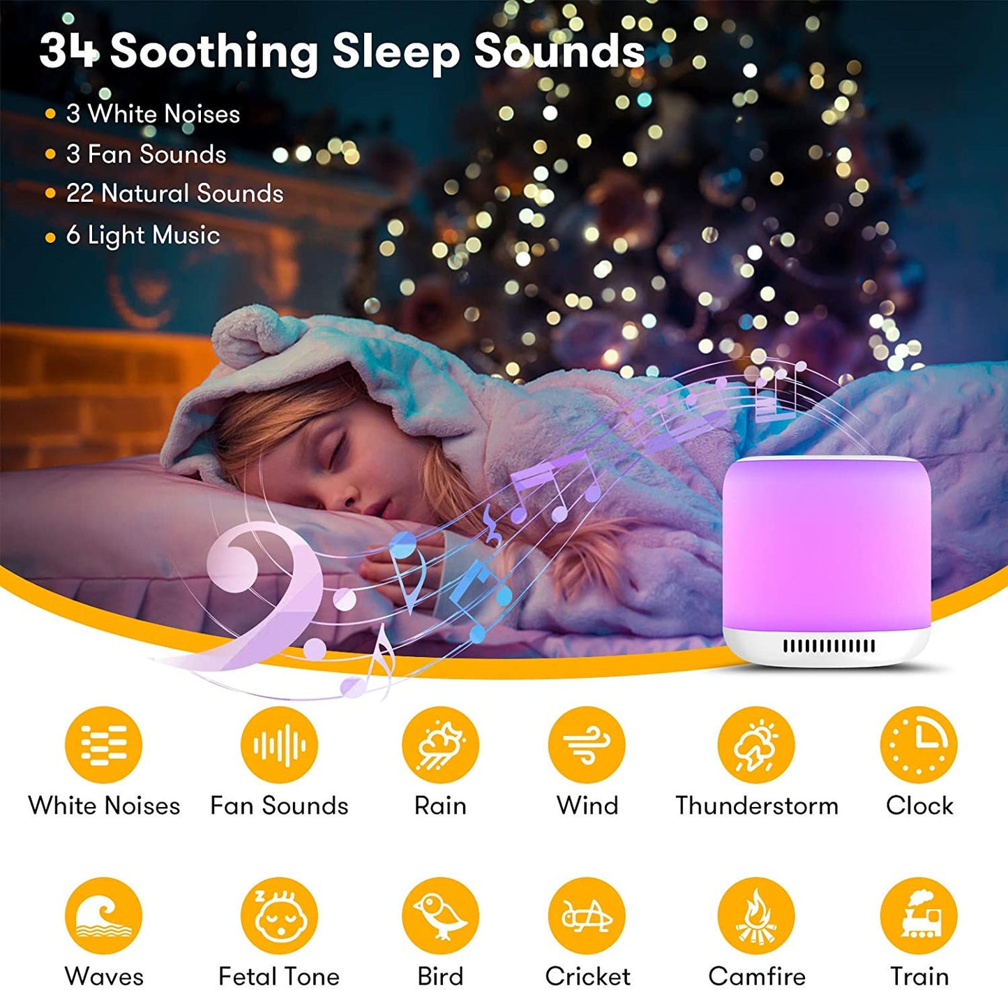 Aide au sommeil pour bébé avec bruit blanc et lumières colorées